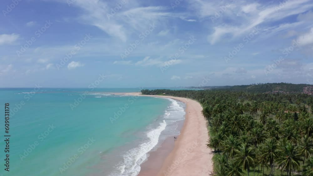 AERIAL - Beautiful, deserted Ipioca beach in Maceio, Brasil, forward truck right AERIAL - Beautiful, deserted Ipioca beach in Maceio, Brasil, forward truck right