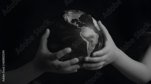 black and white hand children holding a globe with a dark background.