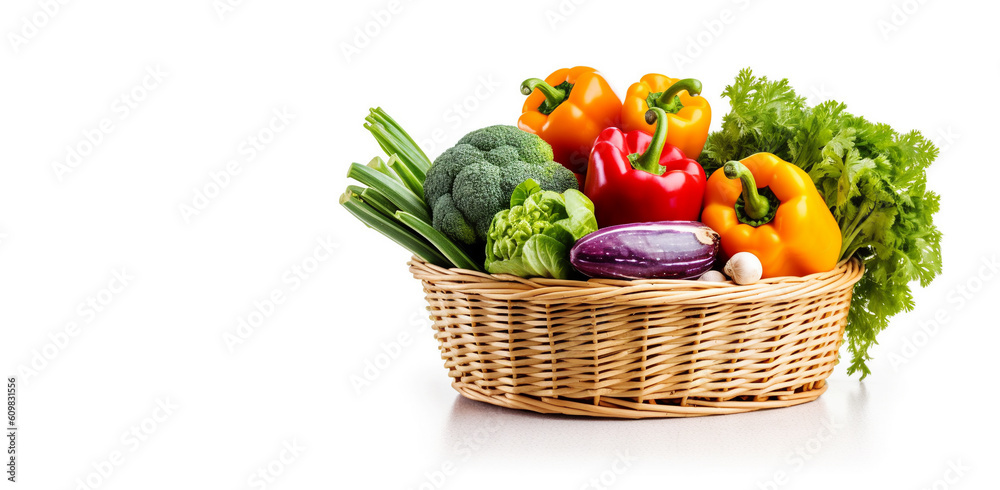 Wicker basket full of fresh vegetables on white background, isolated, farmers market Wicker basket full of fresh vegetables on white background, isolated, farmers market