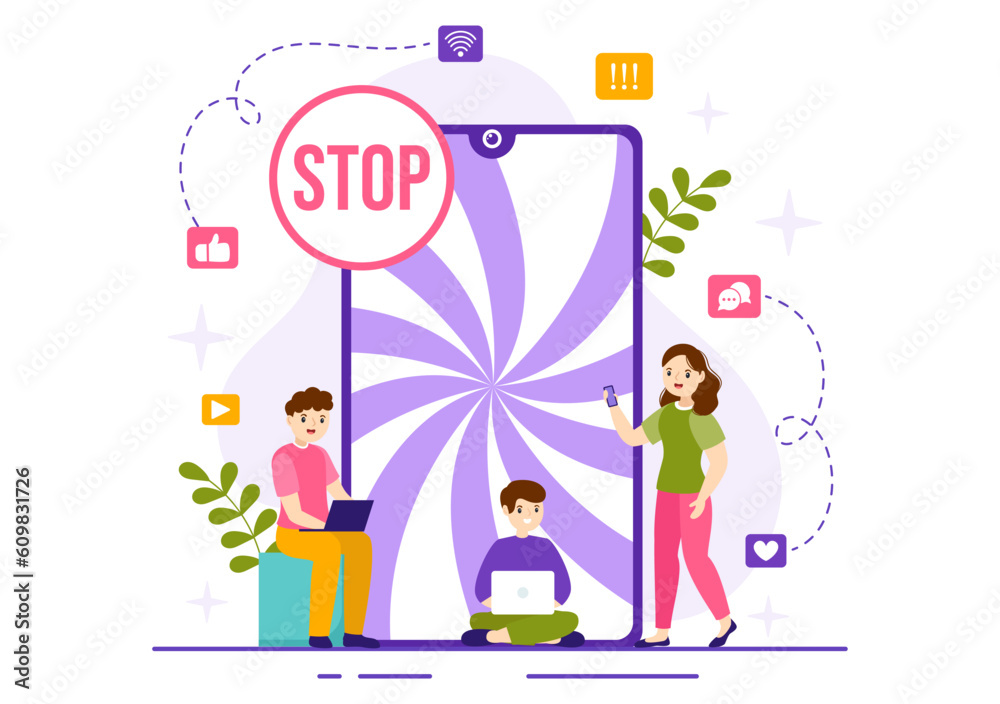 Internet Addiction Vector Illustration with Young People Addicted to Using Devices Such as Laptop or Smartphone in Flat Cartoon Hand Drawn Templates