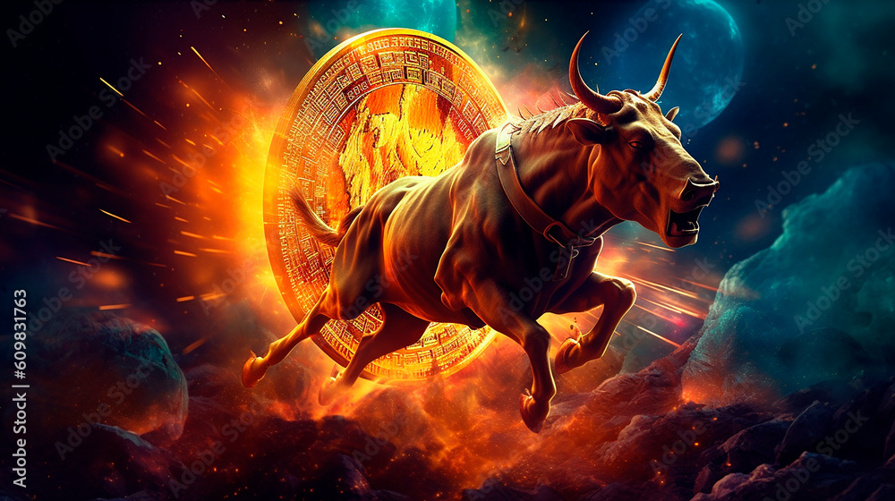 bull market, a green bull powerfully runs through a narrow street, high concentration as a strong will in the eyes of the bull, concept of business and stock market created with Generative Ai