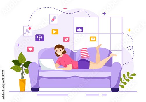 Internet Addiction Vector Illustration with Young People Addicted to Using Devices Such as Laptop or Smartphone in Flat Cartoon Hand Drawn Templates