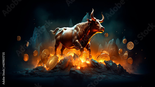 bull market, a green bull powerfully runs through a narrow street, high concentration as a strong will in the eyes of the bull, concept of business and stock market created with Generative Ai photo