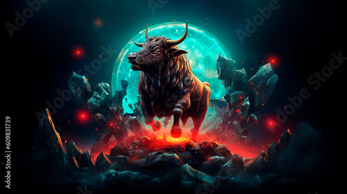 bull market, a green bull powerfully runs through a narrow street, high concentration as a strong will in the eyes of the bull, concept of business and stock market created with Generative Ai