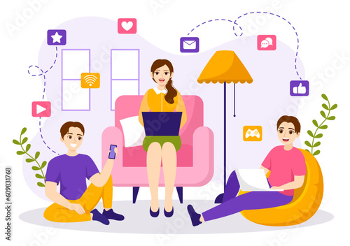 Internet Addiction Vector Illustration with Young People Addicted to Using Devices Such as Laptop or Smartphone in Flat Cartoon Hand Drawn Templates