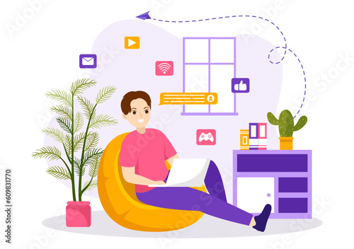Internet Addiction Vector Illustration with Young People Addicted to Using Devices Such as Laptop or Smartphone in Flat Cartoon Hand Drawn Templates