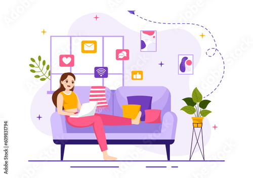 Internet Addiction Vector Illustration with Young People Addicted to Using Devices Such as Laptop or Smartphone in Flat Cartoon Hand Drawn Templates
