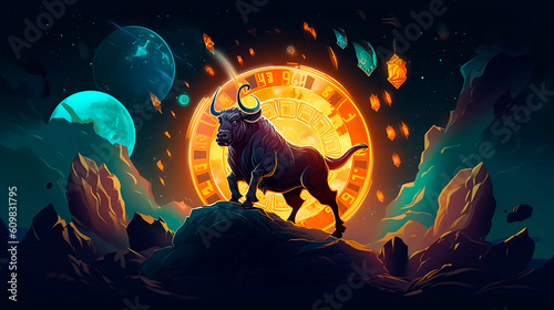 bull market, a green bull powerfully runs through a narrow street, high concentration as a strong will in the eyes of the bull, concept of business and stock market created with Generative Ai photo