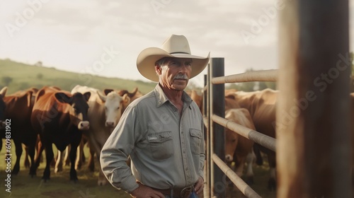 portrait of farmer pulling cows into a pen on a cattle ranch, Generative AI
