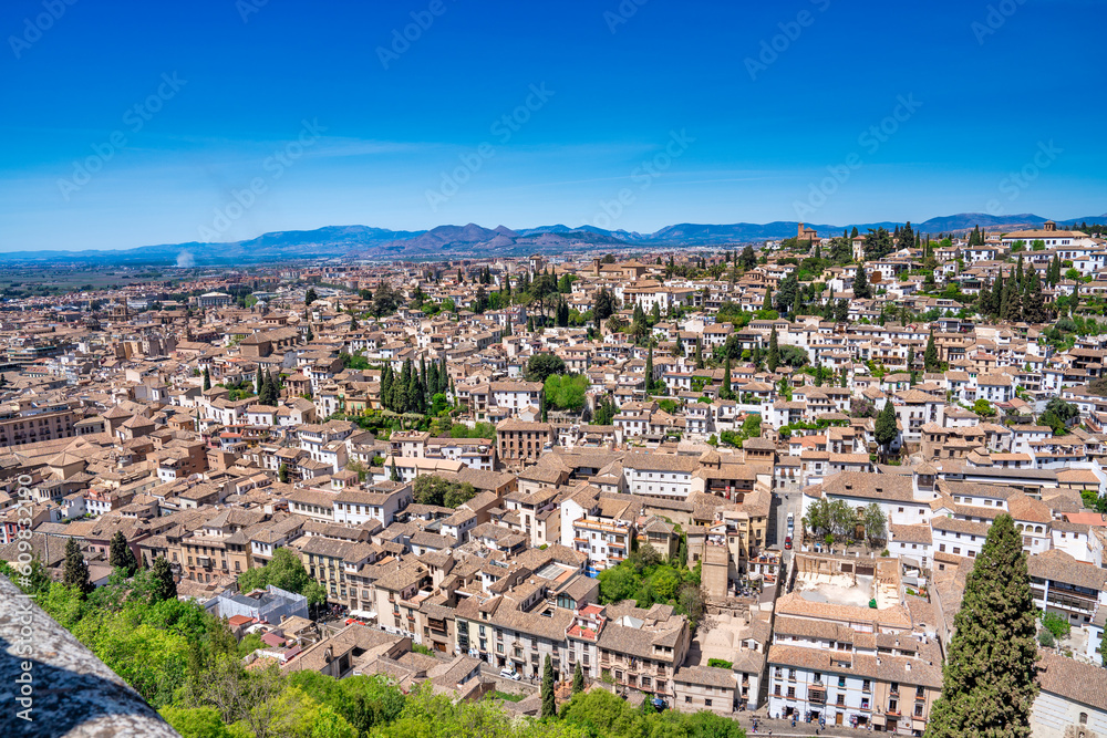 Aerial view of beautoful Granada cityscape on a sunny spring day, Andalusia