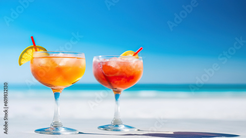 Cocktails on a white beach with blue sky.