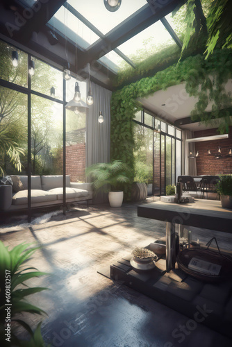 3D rendering Living Room and Garden Concept, Indoor-Outdoor Living with a Harmonious Blend of Nature and Interior Design, Creating a Tranquil Retreat for Relaxation and Entertainment