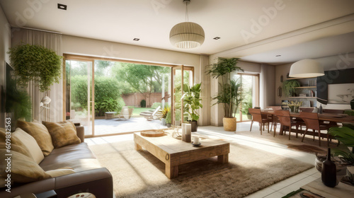 3D rendering Living Room and Garden Concept, Indoor-Outdoor Living with a Harmonious Blend of Nature and Interior Design, Creating a Tranquil Retreat for Relaxation and Entertainment © Nuchjara