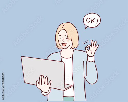 woman is showing a gesture Okay, ok. Hand drawn style vector design illustrations.