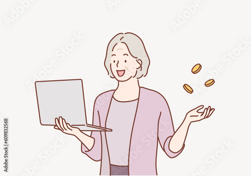 senior woman earning money. laptop. Hand drawn style vector design illustrations.