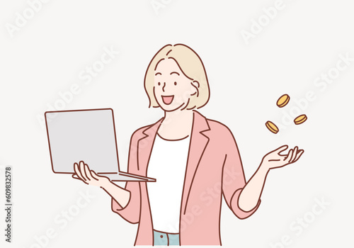 woman earning money. laptop. Hand drawn style vector design illustrations.