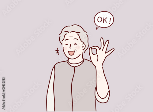 senior man with tablet pc computer. senior woman is showing a gesture Okay, ok. Hand drawn style vector design illustrations.