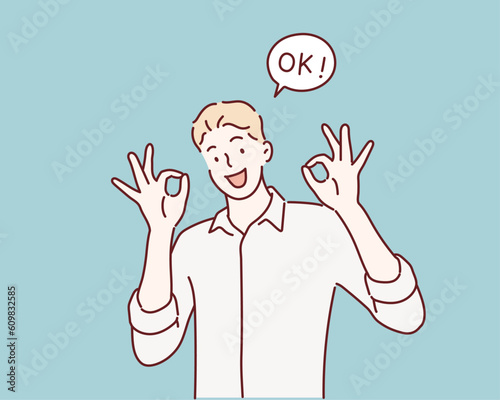 Man is showing a gesture Okay, ok. Hand drawn style vector design illustrations.
