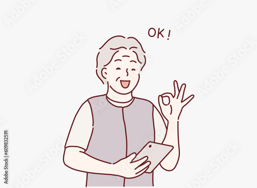 senior man with tablet pc computer. senior woman is showing a gesture Okay, ok. Hand drawn style vector design illustrations.
