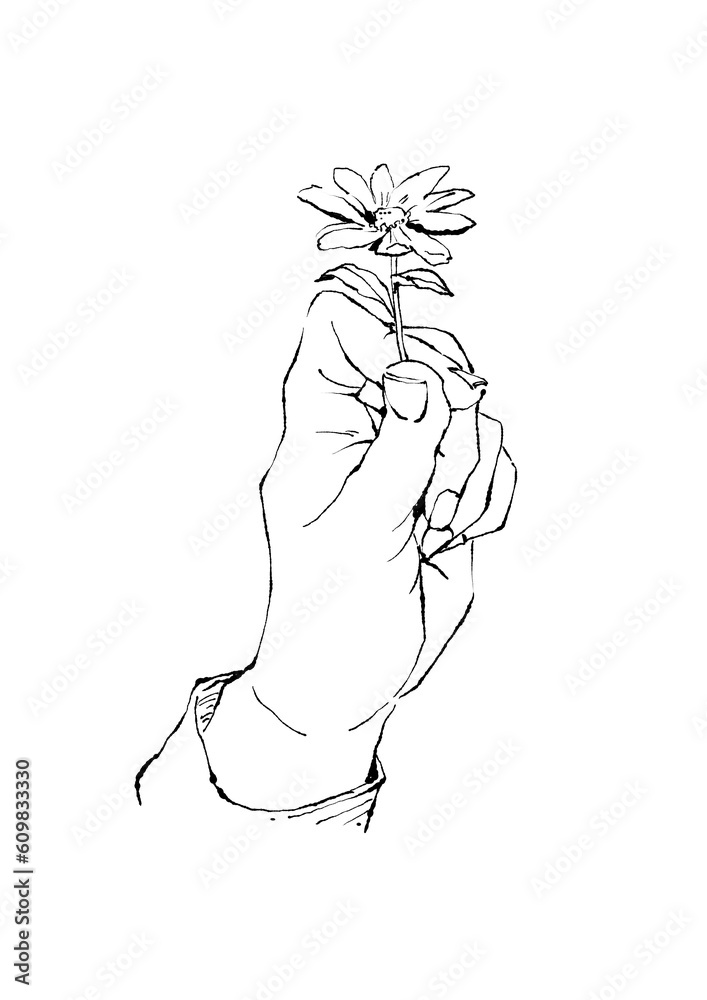 小さな花を持った手の線画イラスト(PNG)