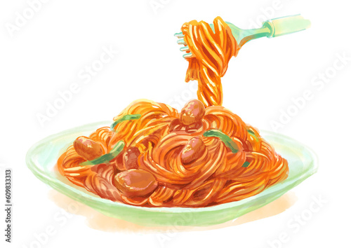 フォークで持ち上げた美味しそうなナポリタンスパゲティの水彩イラスト(PNG)