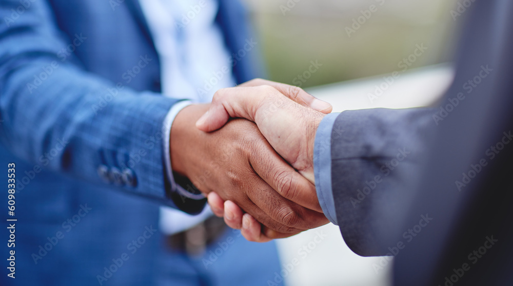 Partnership, business people and b2b handshake in support of deal, collaboration and teamwork. Men, shaking hands and welcome, thank you or congratulations gesture by professional partner negotiation