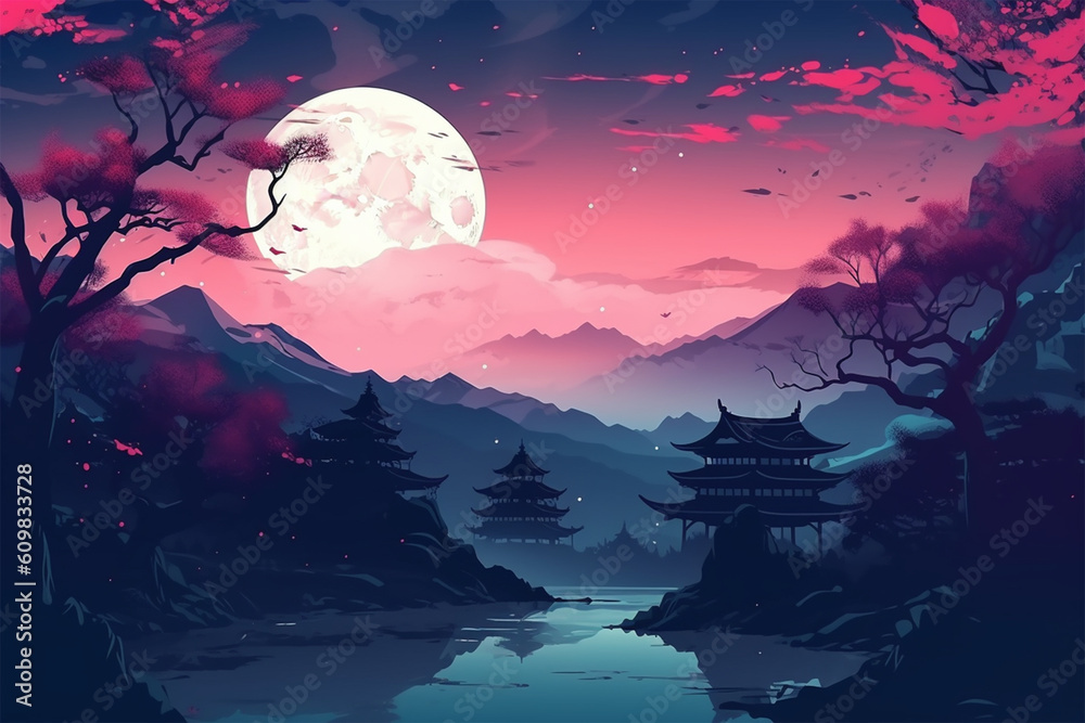 full moon background over mountains anime style