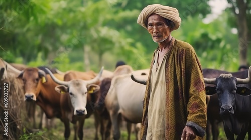 portrait of farmer pulling cows into a pen on a cattle ranch, Generative AI