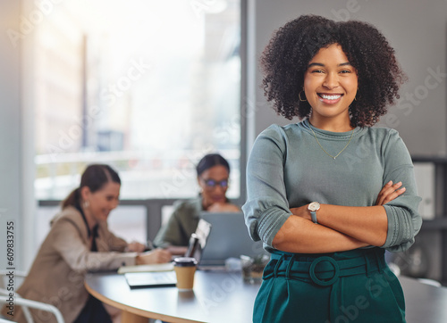 Happy, arms crossed and portrait of business woman in meeting for planning, smile and professional. Happiness, career and workshop with female employee in office for creative, confident and startup photo