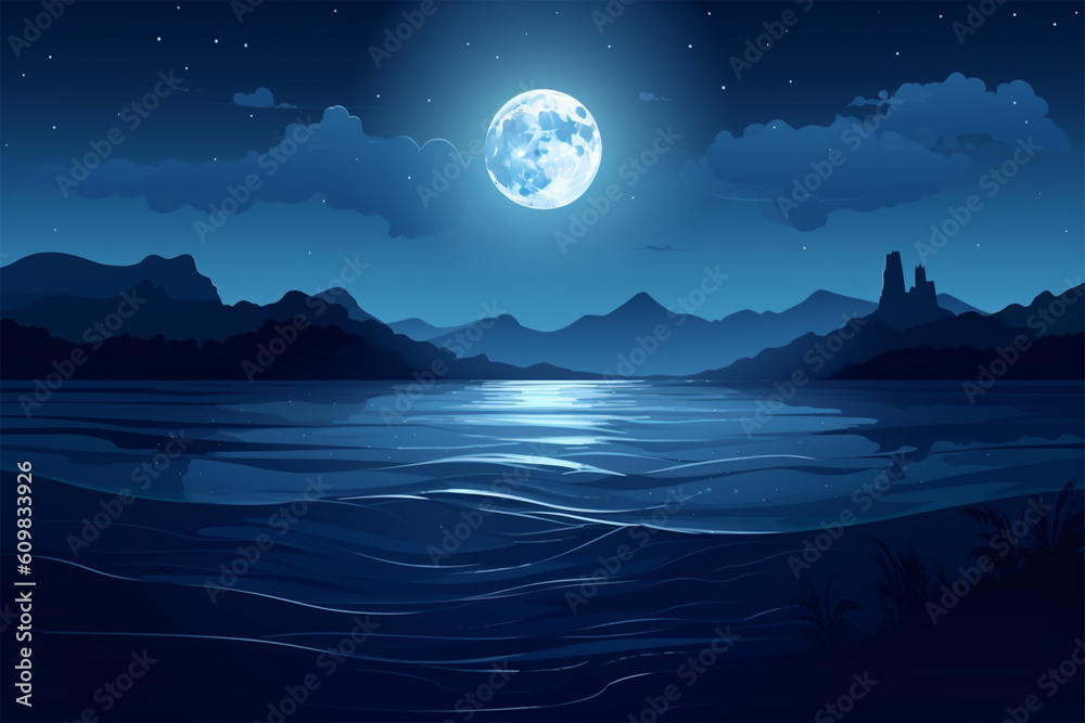 anime style full moon and ocean background Stock Illustration | Adobe Stock