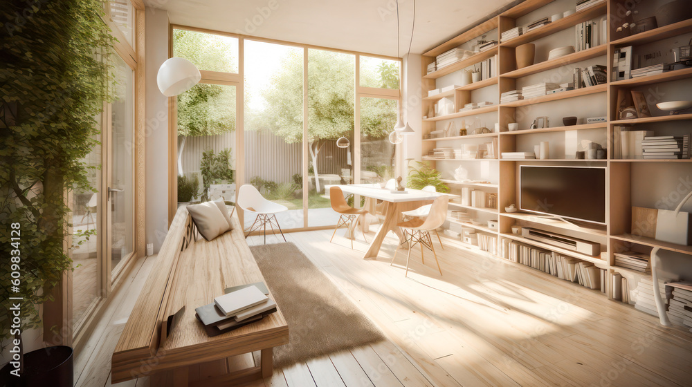 Naklejka premium 3D rendering Living Room and Garden Concept, Indoor-Outdoor Living with a Harmonious Blend of Nature and Interior Design, Creating a Tranquil Retreat for Relaxation and Entertainment