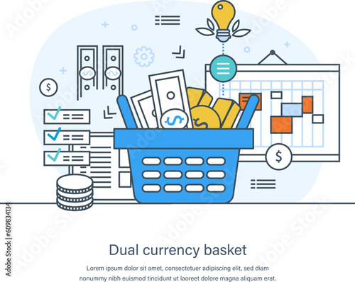 Dual currency basket indicator of exchange rate of national currency. Two monetary units business diversification. Finance balance and investment thin line design of vector doodles