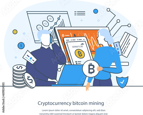 Cryptocurrency bitcoin mining process of producing digital currency. Financial global world communication blockchain technology, digital money market thin line design of vector doodles