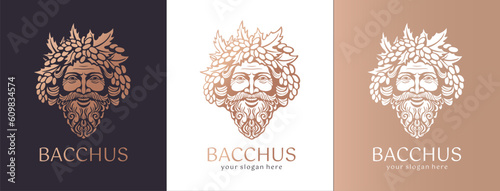 Logo Bacchus or Dionysus. Man face logo with grape berries and leaves. A style for winemakers or brewers. Sign for bar and restaurant. photo