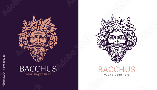 Logo Bacchus or Dionysus. Man face logo with grape berries and leaves. A style for winemakers or brewers. Sign for bar and restaurant.