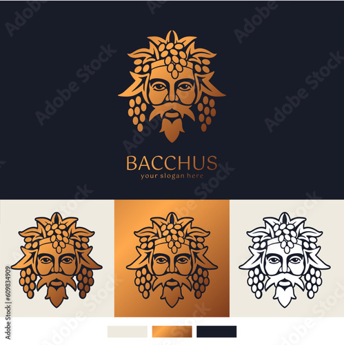 Logo Bacchus or Dionysus. Man face logo with grape berries and leaves. A style for winemakers or brewers. Sign for bar and restaurant.