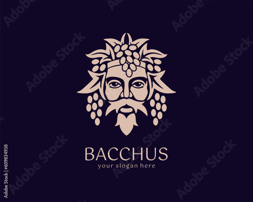 Logo Bacchus or Dionysus. Man face logo with grape berries and leaves. A style for winemakers or brewers. Sign for bar and restaurant.