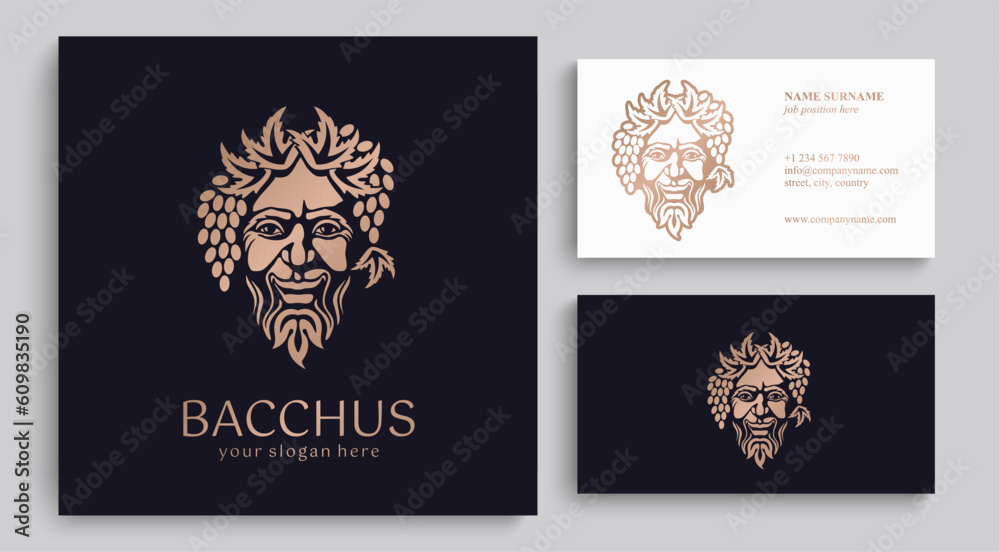 Logo Bacchus or Dionysus. Man face logo with grape berries and leaves. A style for winemakers or brewers. Sign for bar and restaurant. Logo Bacchus or Dionysus. Man face logo with grape berries and leaves. A style for winemakers or brewers. Sign for bar and restaurant.