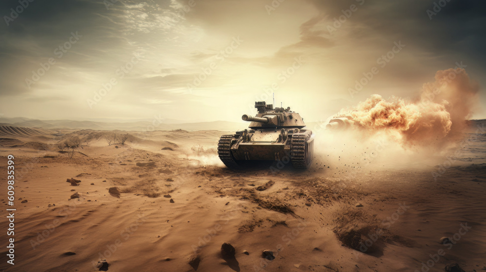 armored tank crosses destroyed city during war invasion epic scene of fire and some in the desert, wide poster design with copy space area armored tank crosses destroyed city during war invasion epic scene of fire and some in the desert, wide poster design with copy space area