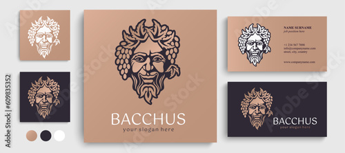 Logo Bacchus or Dionysus. Man face logo with grape berries and leaves. A style for winemakers or brewers. Sign for bar and restaurant.