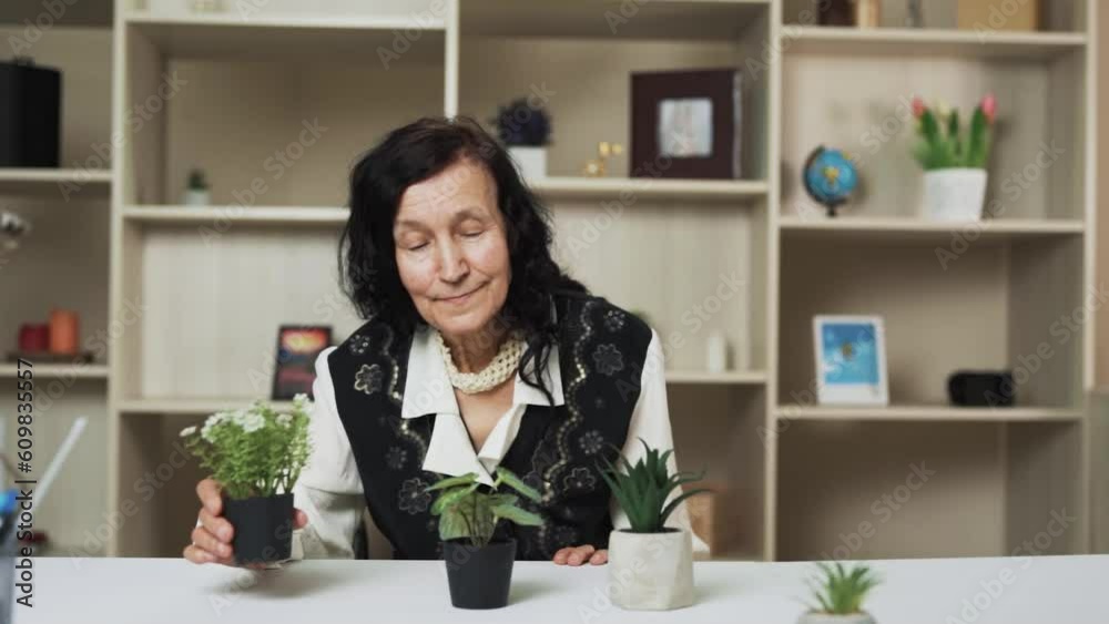 The woman is sitting at the table with several small plants in front of her. She takes them and smells the flowers. She is an older woman, smiling and looking happy. The woman is sitting at the table with several small plants in front of her. She takes them and smells the flowers. She is an older woman, smiling and looking happy.