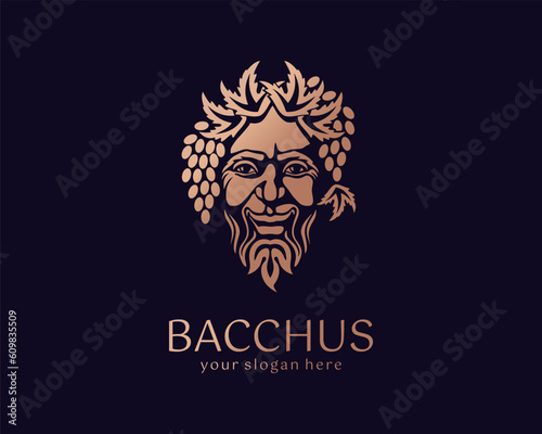 Logo Bacchus or Dionysus. Man face logo with grape berries and leaves. A style for winemakers or brewers. Sign for bar and restaurant.
