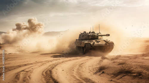 generic military armored vehicle crosses mine fields fire and smoke in the desert, wide poster design with copy space area