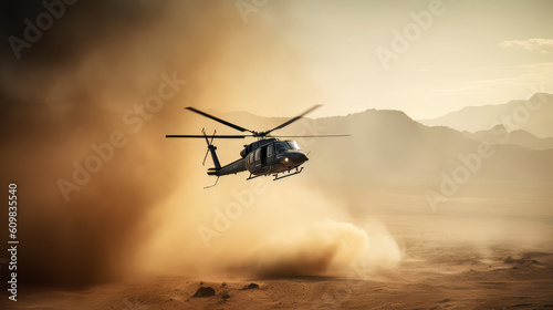generic military chopper crosses fire and smoke in the desert during an extraction mission, wide poster design with copy space area 