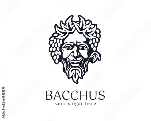 Logo Bacchus or Dionysus. Man face logo with grape berries and leaves. A style for winemakers or brewers. Sign for bar and restaurant.