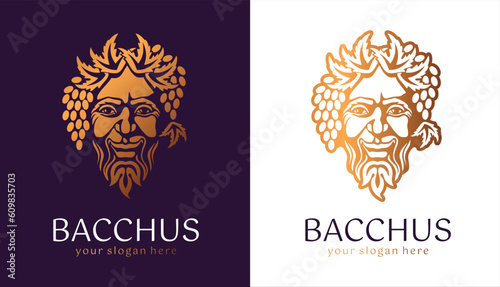 Logo Bacchus or Dionysus. Man face logo with grape berries and leaves. A style for winemakers or brewers. Sign for bar and restaurant.