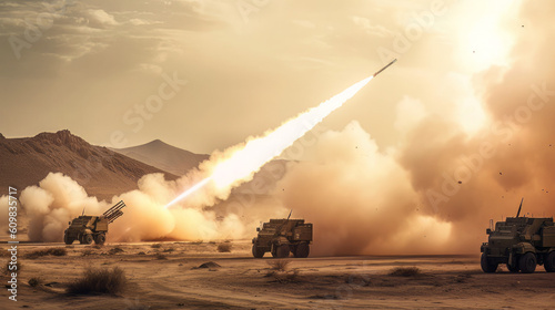 panoramic view of a generic military battalion defense system shooting missiles during a special operation, wide poster design with copy space area