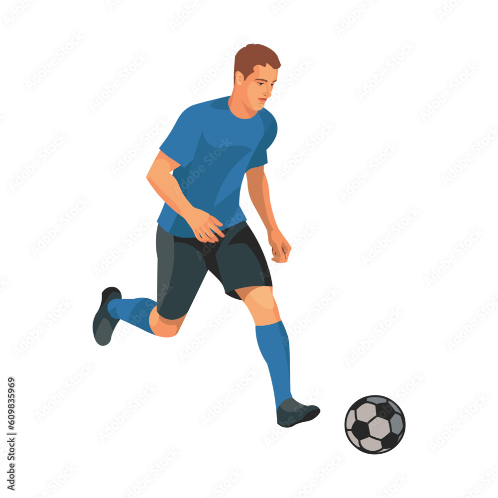 Isolated figure of football player in blue shirt running with the ball on the field during a training session or a competition