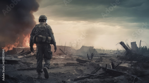 Special Forces Military soldier walking through destruction and battlefield warzone aftermath as wide banner with copyspace area for world war conflict concepts