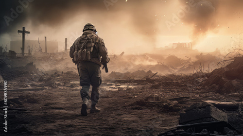 Special Forces Military soldier walking through destruction and battlefield warzone aftermath as wide banner with copyspace area for world war conflict concepts